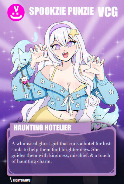 A whimsical ghost girl that runs a hotel for lost souls to help them find brighter days. She guides them with kindness, mischief, & a touch of haunting charm.